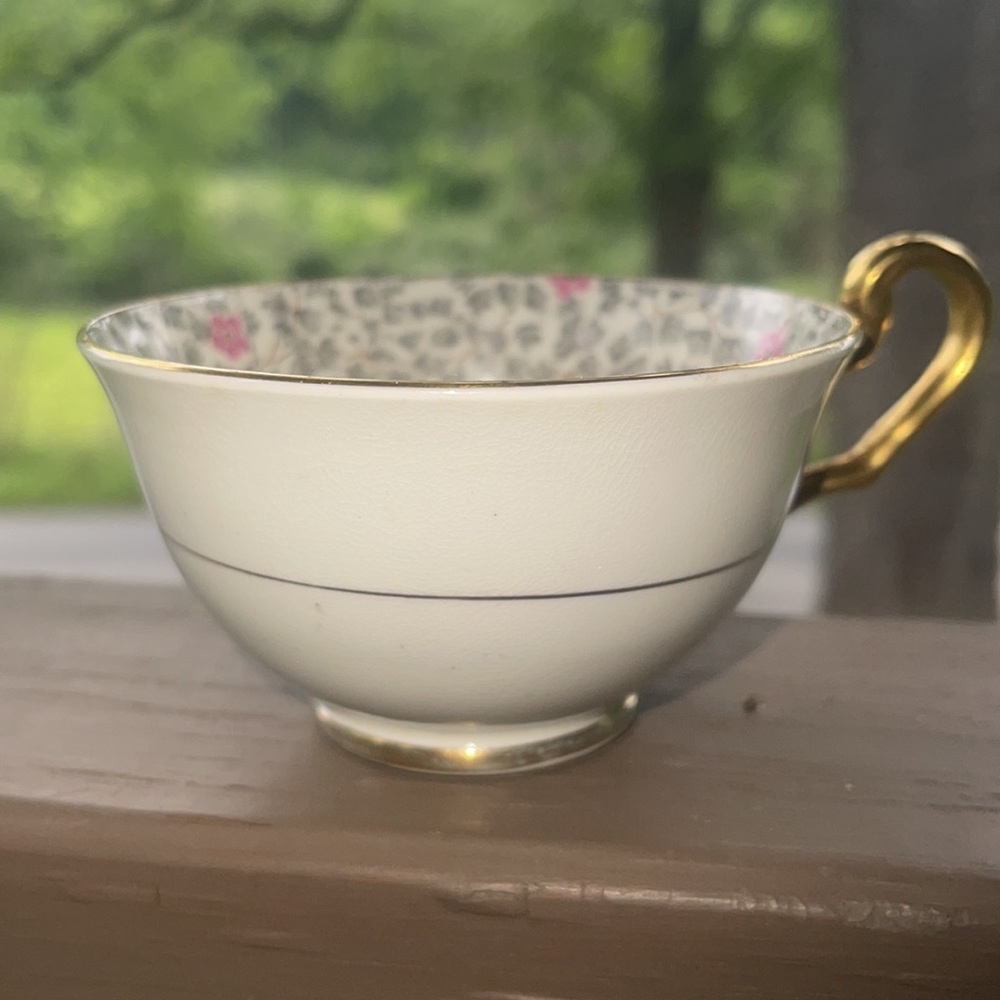 Vintage Radfords Crown China England Gray and Pink Chintz Tea Cup, Gold Trim